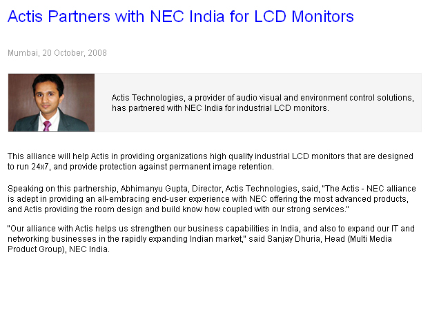 Actis Partners with NEC India for LCD Monitors