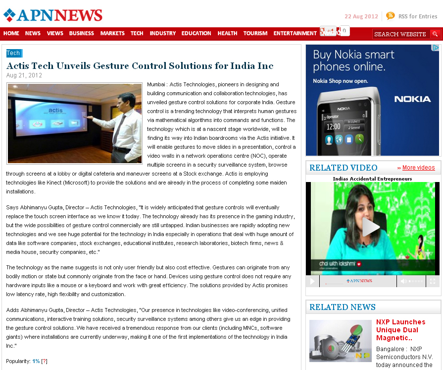 Actis Tech Unveils Gesture Control Solutions for India Inc - Apnnews