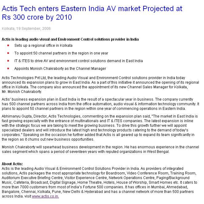 Actis Technologies enters Eastern India AV market projected at Rs 300 crore by 2010