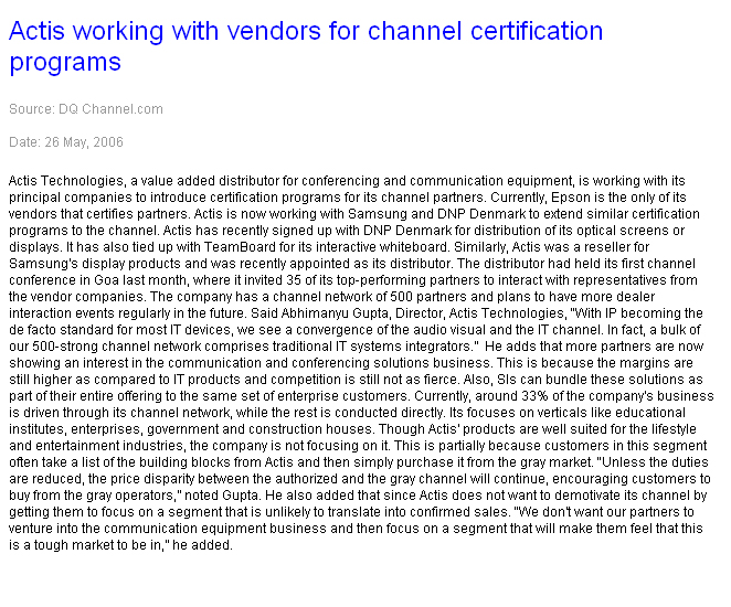 Actis working with vendors for channel certification programs
