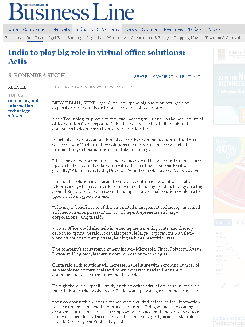 India to play big role in virtual office solutions - Actis